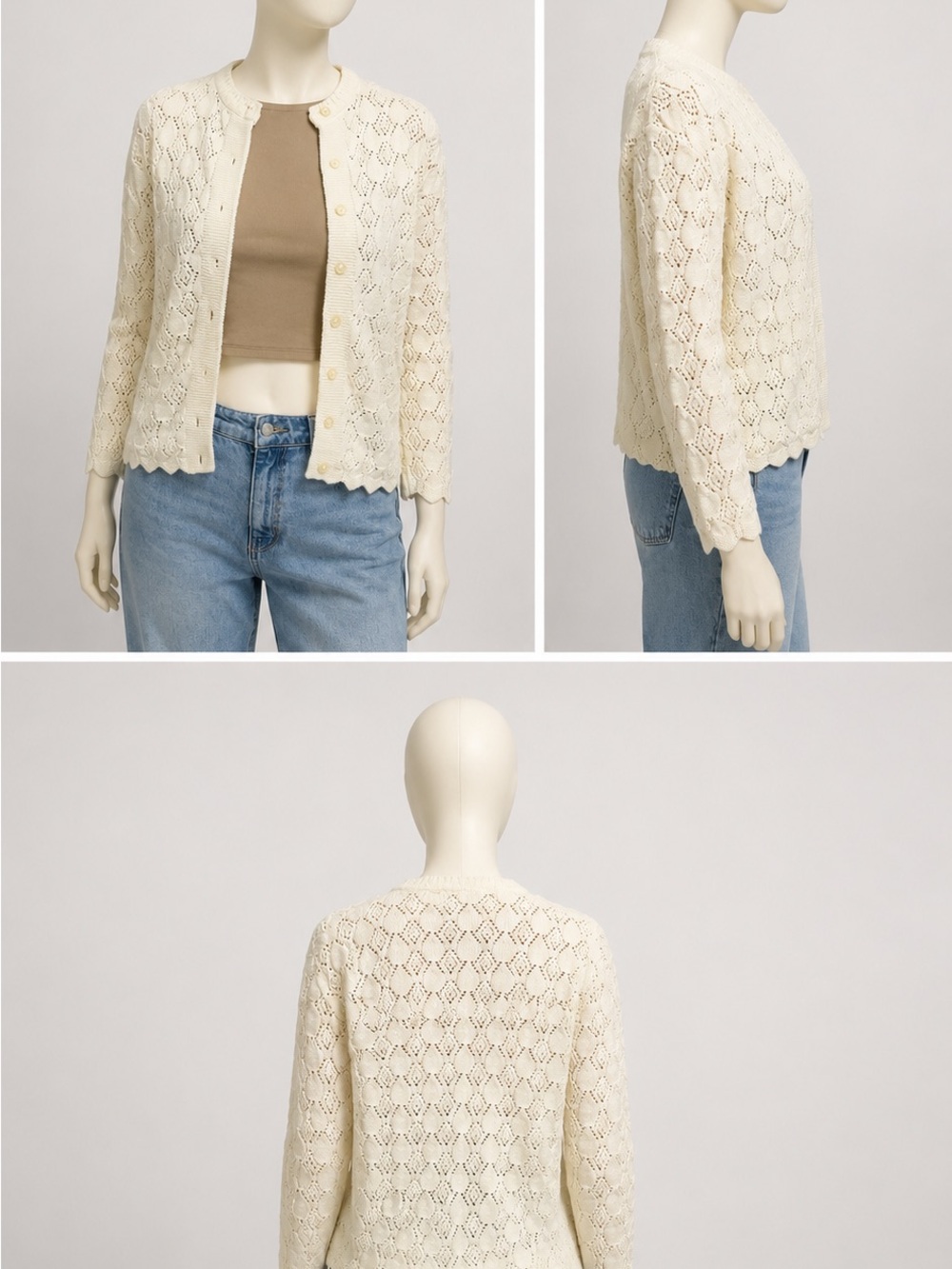 Cream Openwork Knit Cardigan Sweater - Unbranded